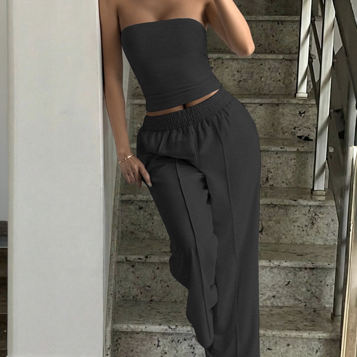 Trendy Strapless Vest and Trousers Set for Vacation Style