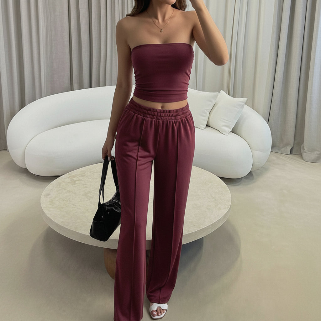 Trendy Strapless Vest and Trousers Set for Vacation Style