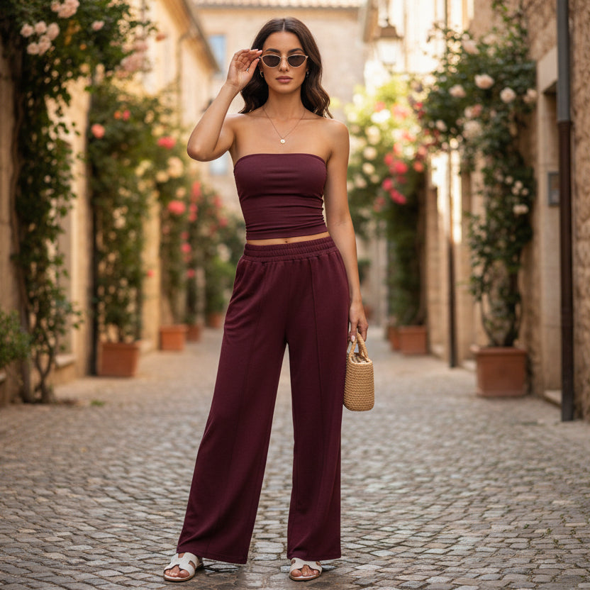 Trendy Strapless Vest and Trousers Set for Vacation Style