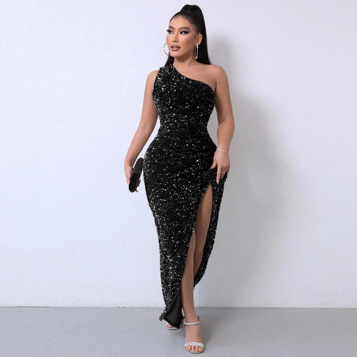 Graceful Shoulder Off Bead Dress for Sleek Modern Elegance