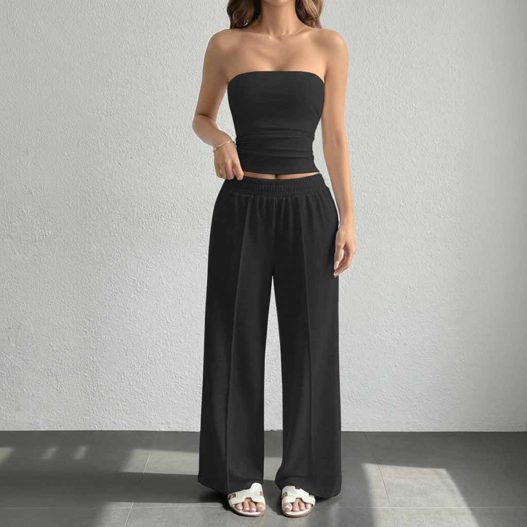 Trendy Strapless Vest and Trousers Set for Vacation Style